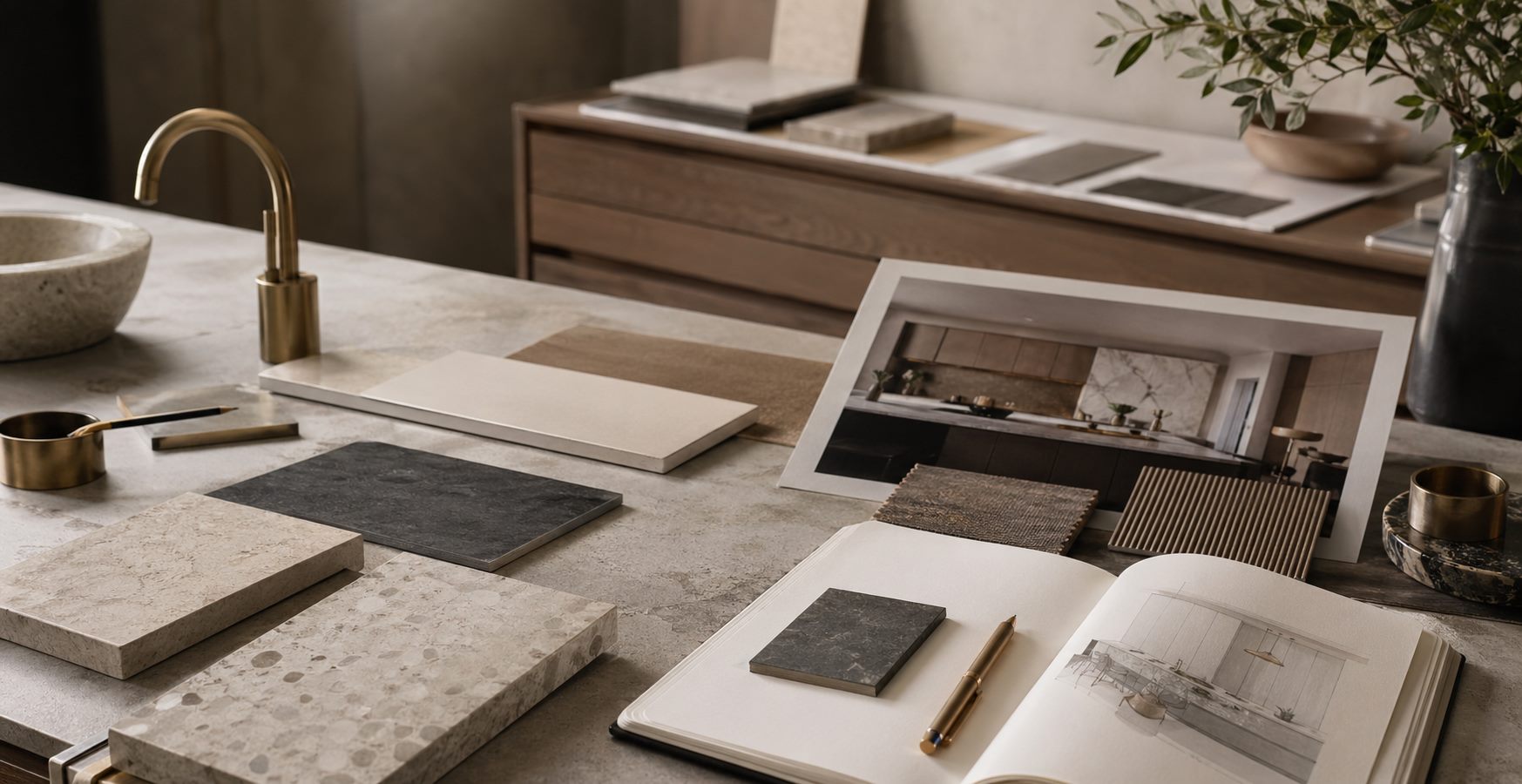 Moodboard cuisine premium avec céramique claire et bois