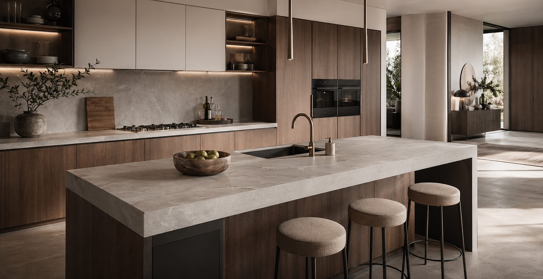 Îlot de cuisine lumineux avec plan de travail en céramique premium